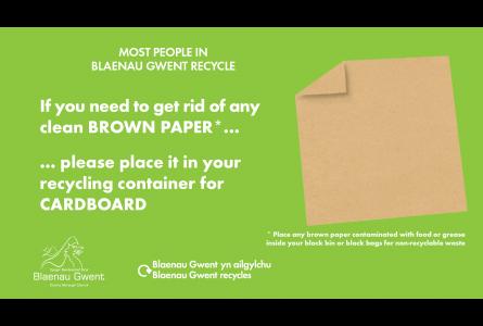 A green flyer with a picture of a brown paper bag and instructions for how to dispose of it in Blaenau Gwent