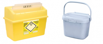 Yellow plastic sharp safe & silver plastic food caddy